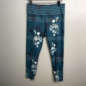 ZYIA Active Floral Striped Leggings - Teal and White Womens Sz XL